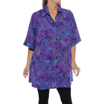 1X Plus Size Tunic - Batik Purple Hibiscus 